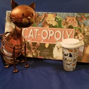 Cat coffee mug, catoplolygame, and cat wine bottle holder